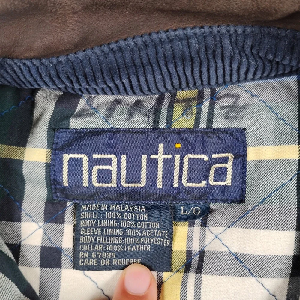 Vintage Nautica Corduroy Jacket Mens Large Blue Leather Collar Plaid Quilt Lined